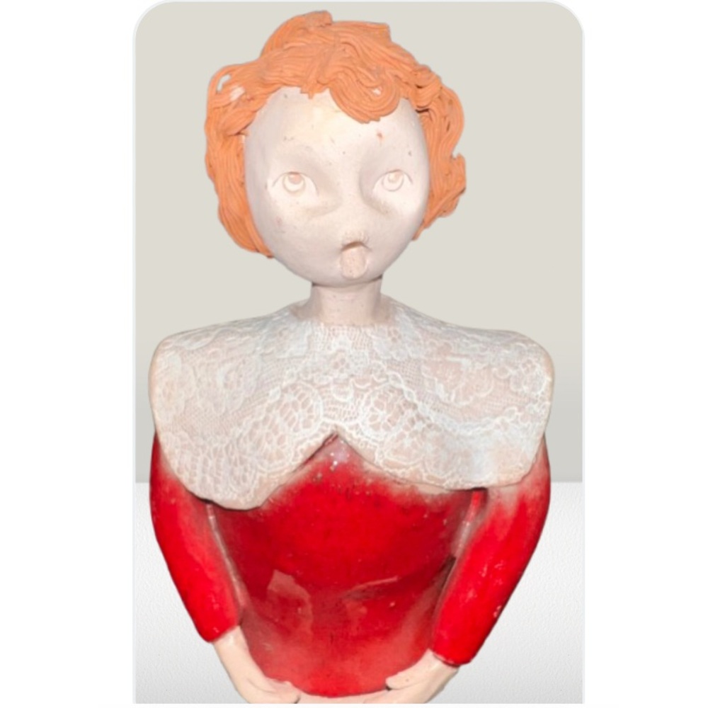 Sculpture Art - Glazed Red Girl Bell Signed Artist ? Choir Singer? Estate Item